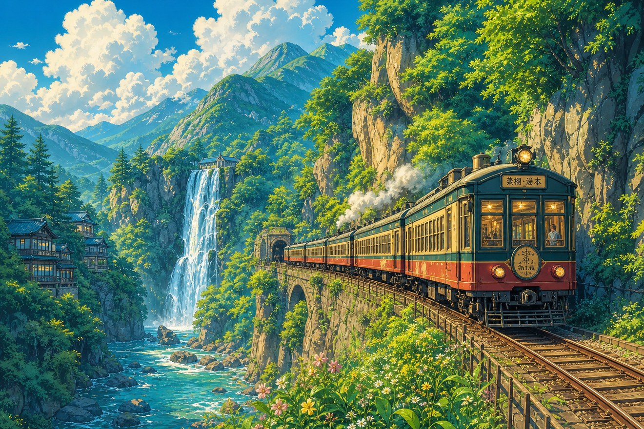 Example image created with Muse Image — a painterly vintage train winding through a green canyon with a waterfall