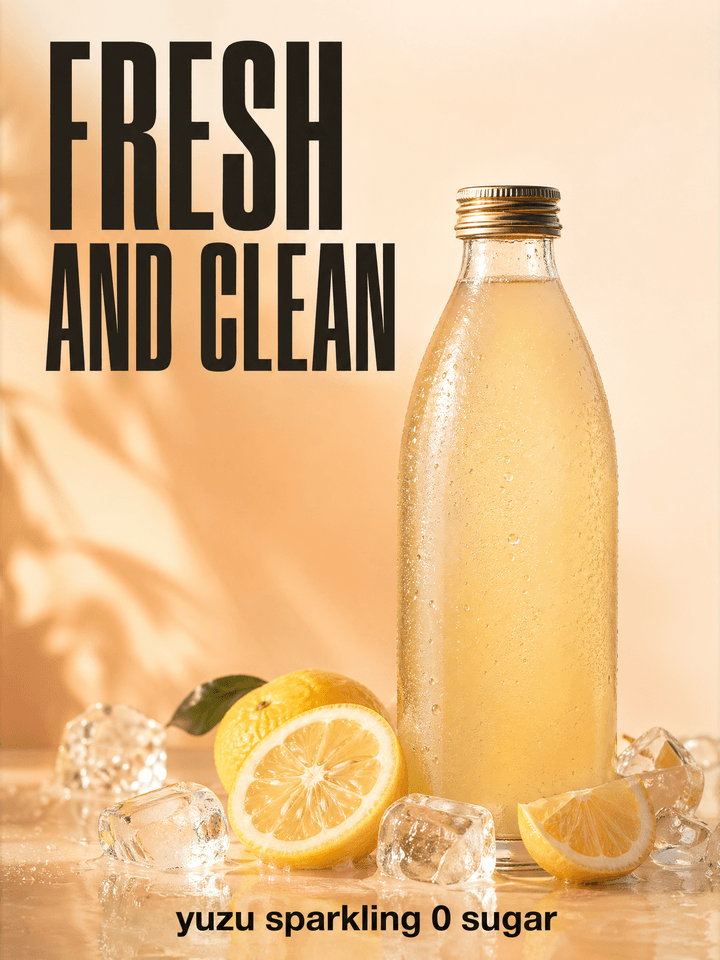 Muse Image sample — vertical magazine ad mockup for a yuzu sparkling drink with bold FRESH AND CLEAN typography.