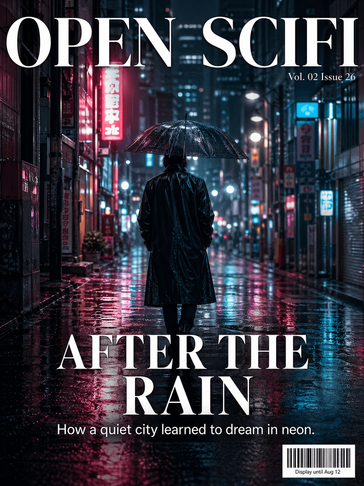 Muse Image sample — neon noir magazine cover OPEN SCIFI with the headline AFTER THE RAIN.