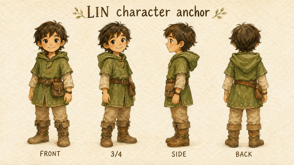 agentic AI image generator sample — watercolor character anchor sheet for a children's book, four turnarounds of the same character.