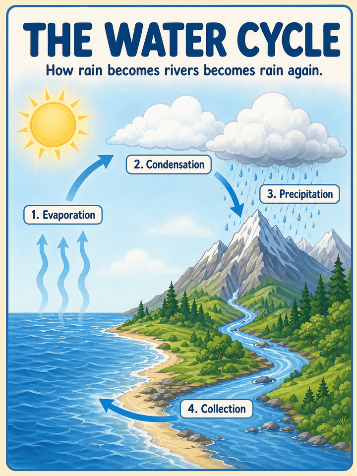Muse Image sample — classroom infographic poster explaining the water cycle in four labeled stages.